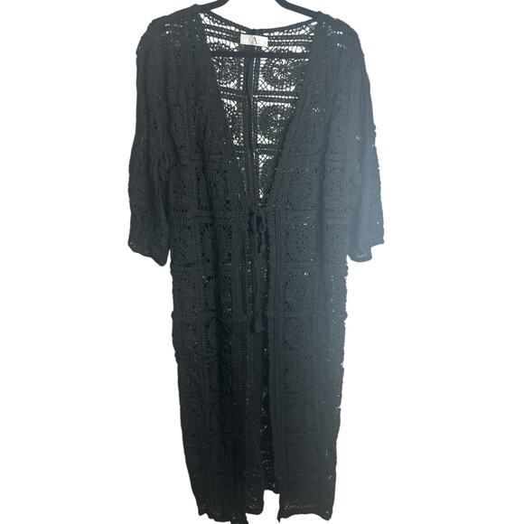 Black crochet full length tie front sweater-One  Size- NWT - Picture 4 of 5